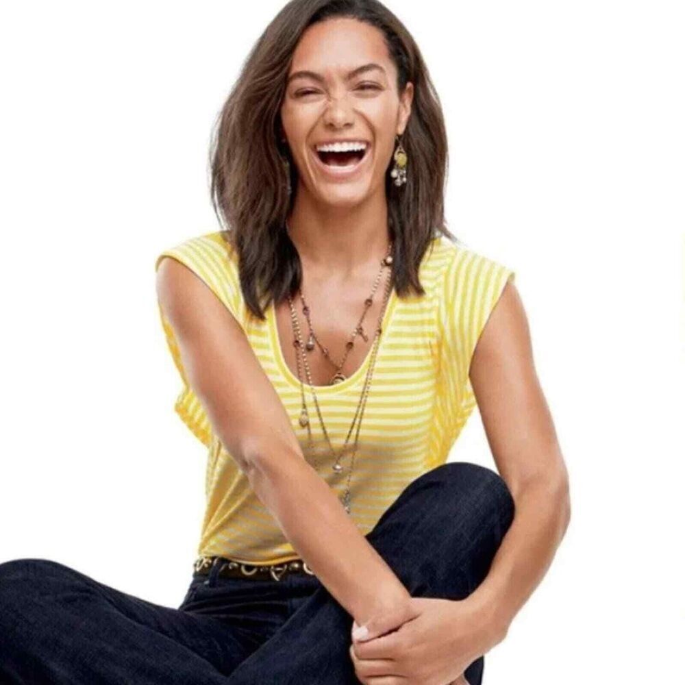 Cabi # 5748 "Daisy Top" Yellow/White Short Flutter Sleeve 100% Cotton Top SM